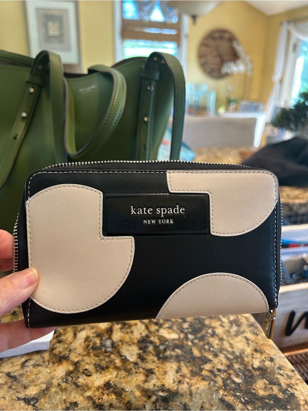 kate spade Black and Cream Zip-Around Wallet with Graphic Patchwork